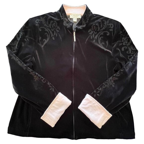 St John Sport Marie Gray Track Jacket M Full Zip Black Velvet Scroll Pink Trim - Picture 1 of 16